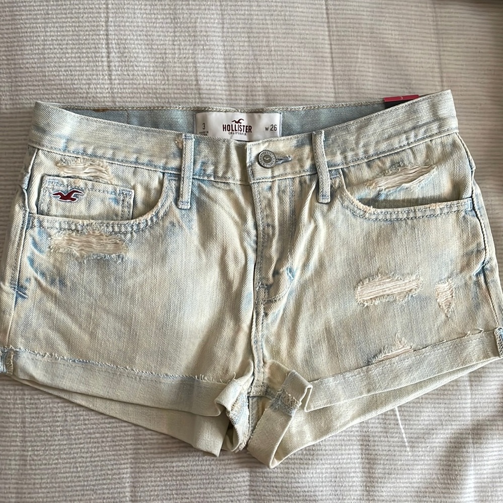 Hollister Light Wash Distressed High Rise Denim Shorts - Pale Blue